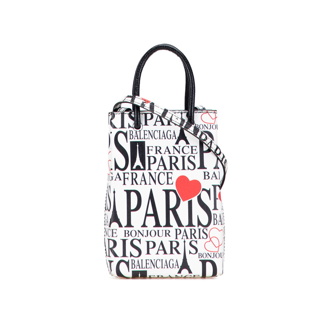 Sac Balenciaga Mini Cuir de veau Bonjour Paris Shopping Phone Holder - Blanc