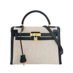 Sac Kelly 32 en toile beige et cuir noir Secondement