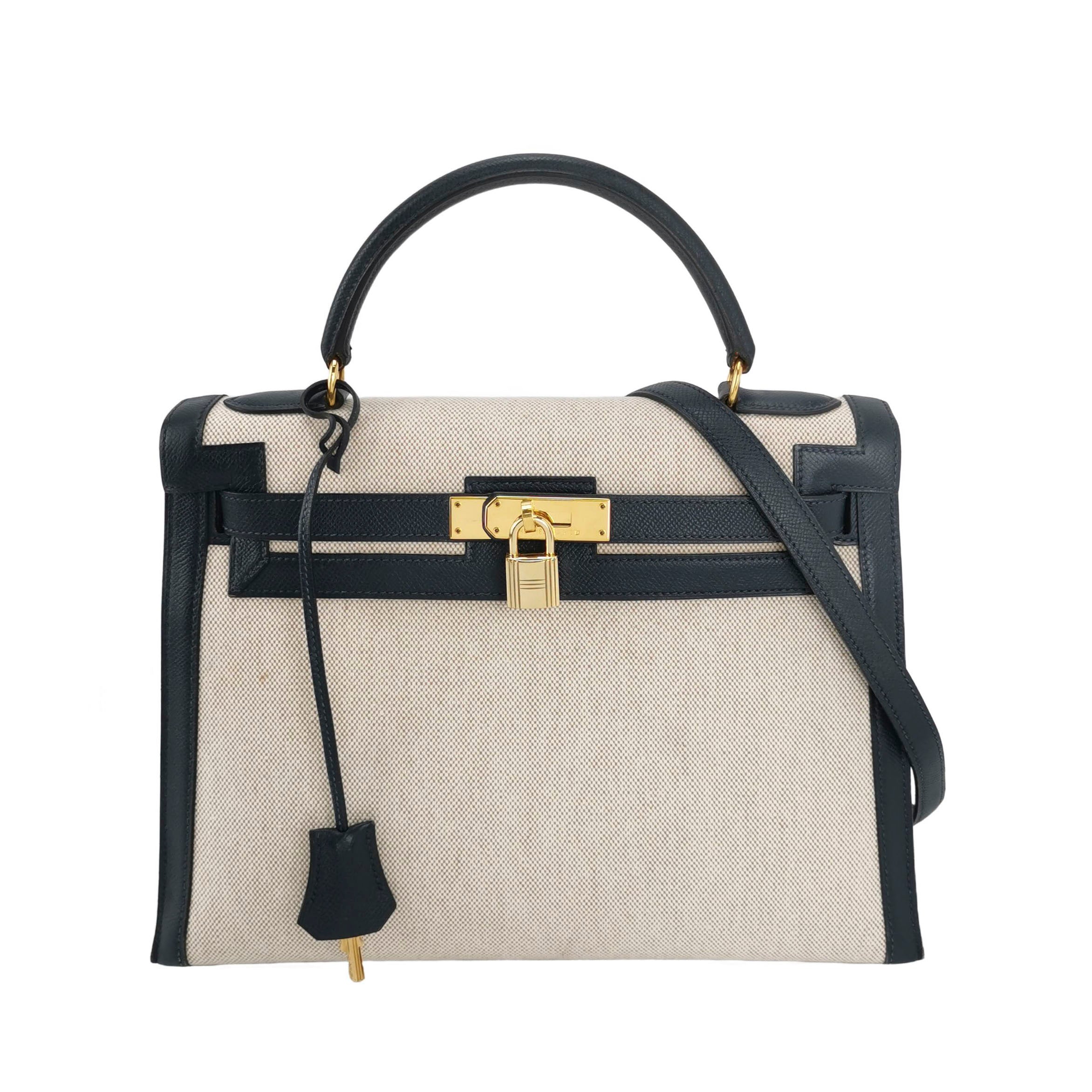 Sac Kelly 32 en toile beige et cuir noir Secondement
