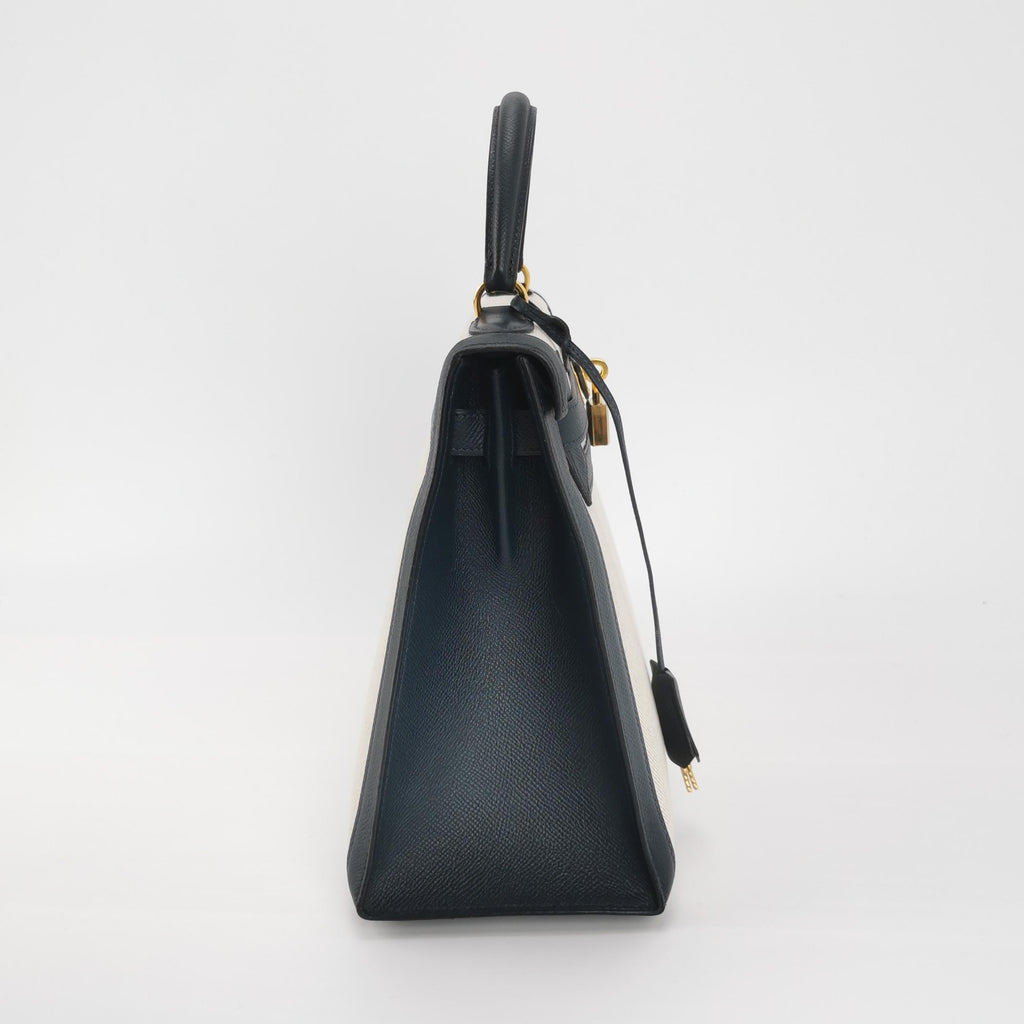 Sac Kelly 32 en toile beige et cuir noir Secondement