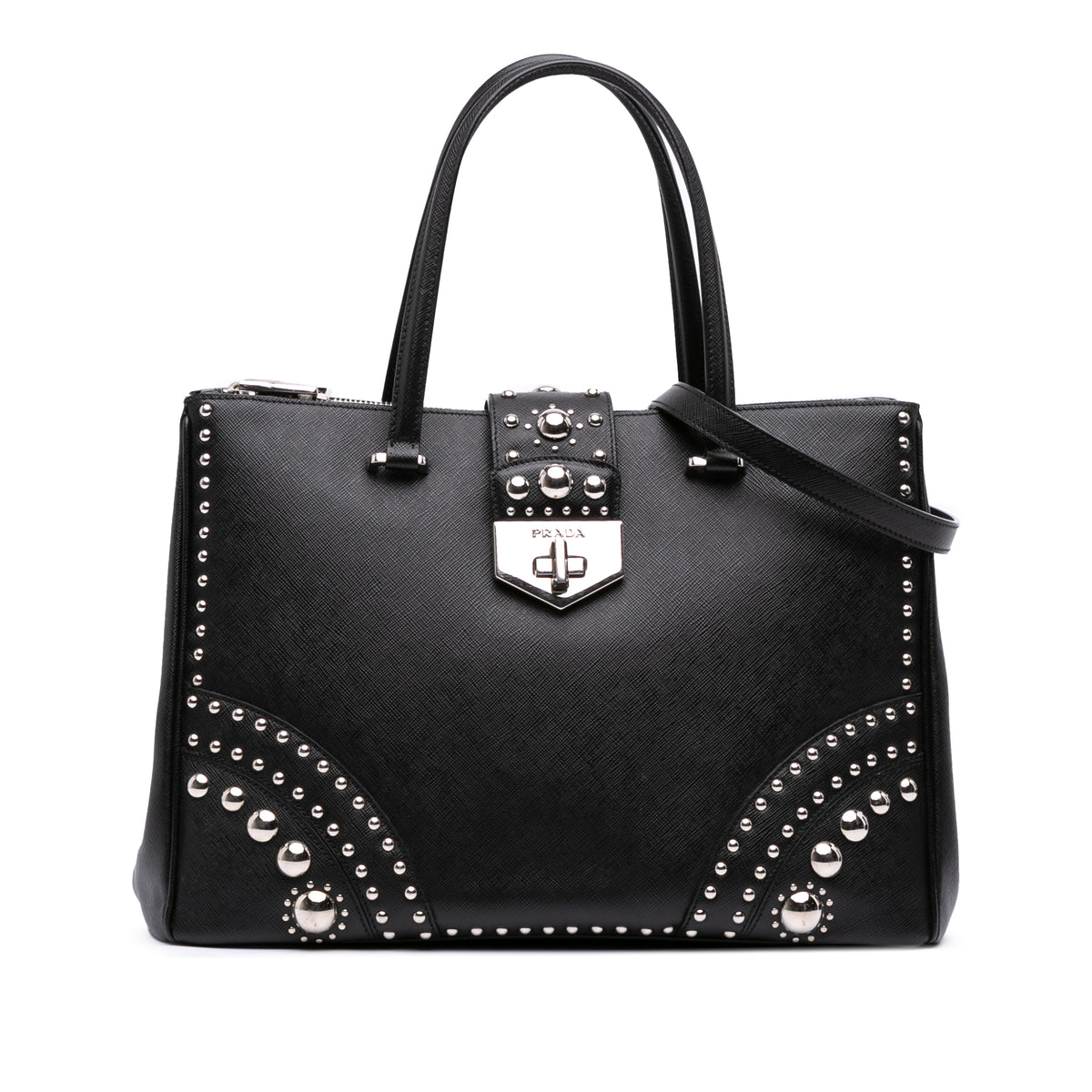 Sac Prada Saffiano Turnlock Double Zip Clouté Cabas - Noir